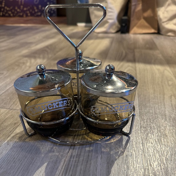 VINTAGE🫙🍯Smuckers Smoked Glass Jar Trio with Lids and Metal Holder - Picture 1 of 5